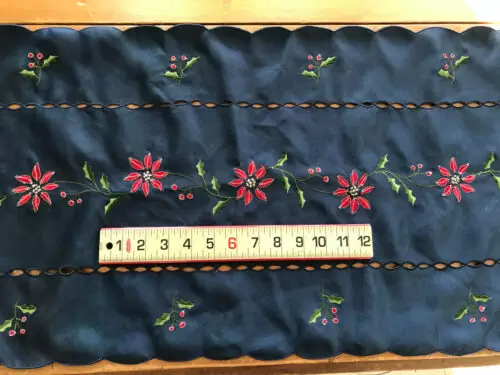 US $14.95 Christmas Holiday Table Runner Navy Blue w Poinsettia Embroidery Cutwork Design