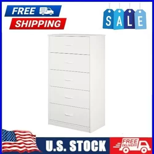 US $100.29 Mainstays Classic 5 Drawer Dresser, Metal, Laminated Particleboar, White, NEW