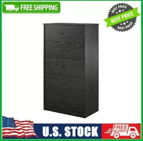 US $119.33 Mainstays Classic 5 Drawer Dresser, Black Oak, NEW